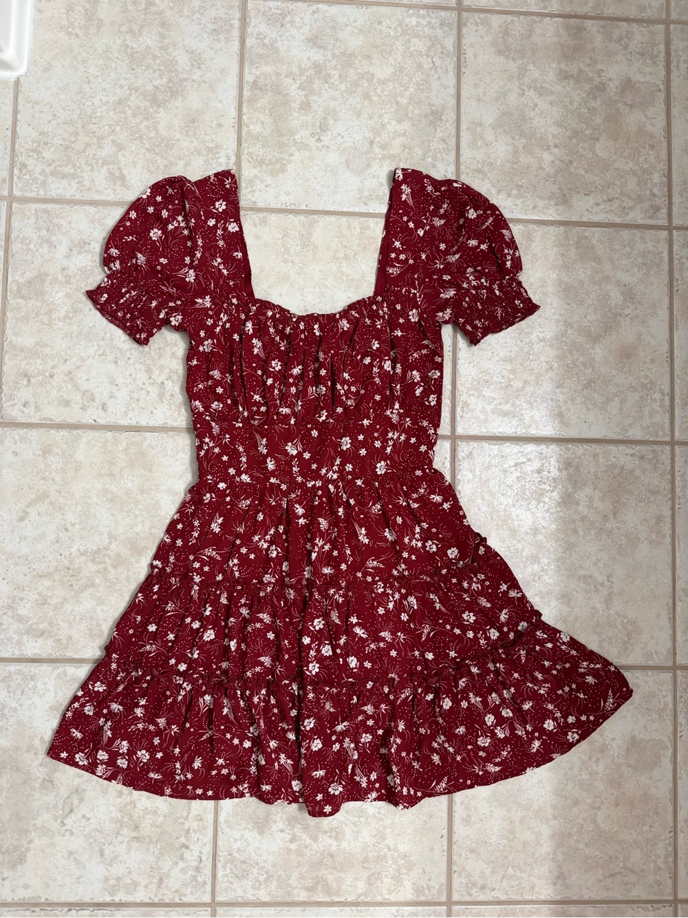 Burgandy Floral Square-Neck Puff Sleeve Dress